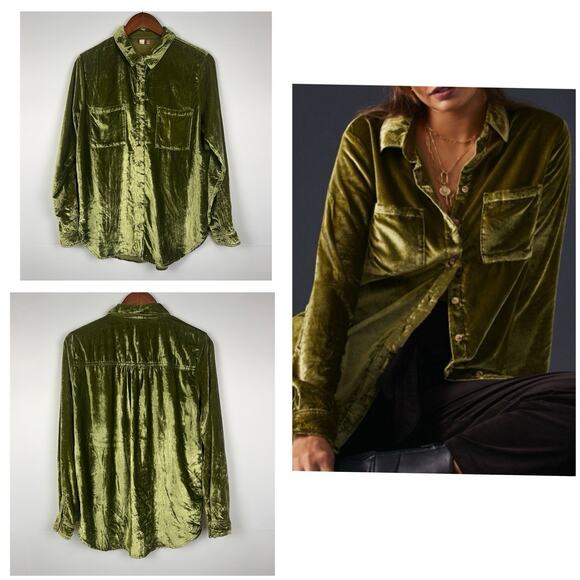 Pilcro Anthropologie Relaxed Velvet Green Mustard Buttondown Shirt Sz M - Picture 6 of 13